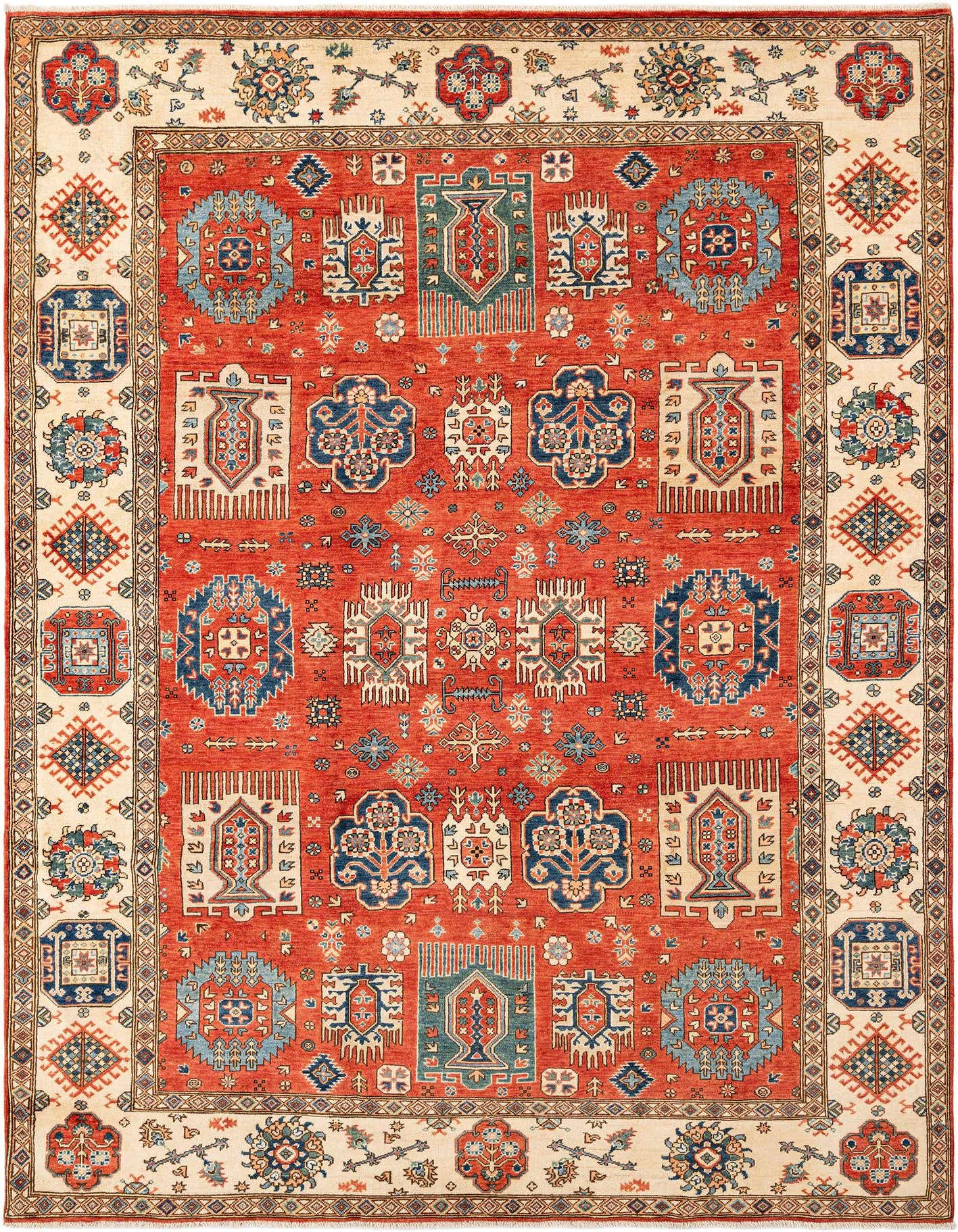 A large 8x11 rectangular Ghazni Diyar rug with a vibrant red field and intricate traditional patterns in blue, cream, and green, framed by a cream border.