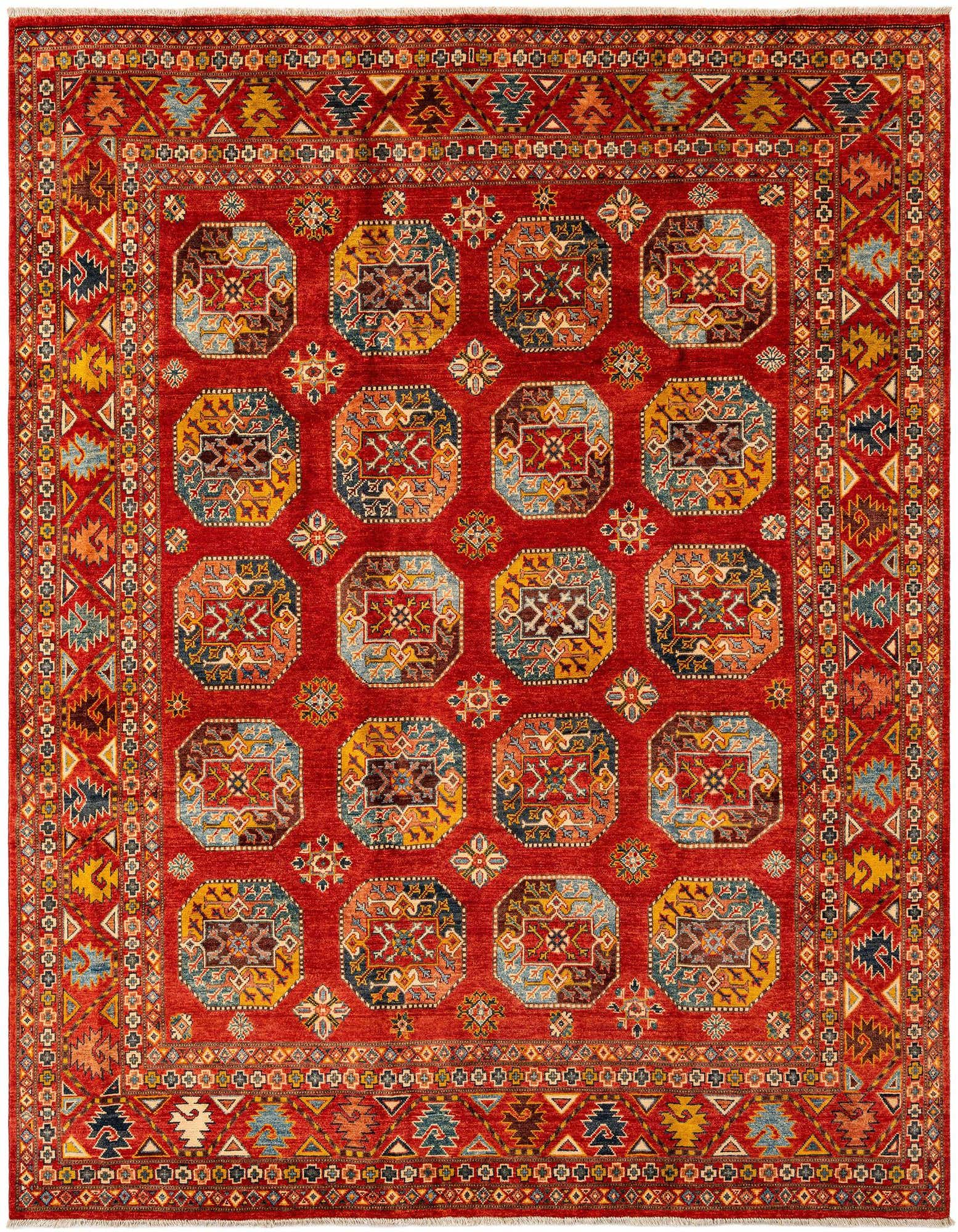 A 6x9 rectangular red wool rug with a traditional geometric pattern, featuring octagonal medallions in blue, yellow, and brown.