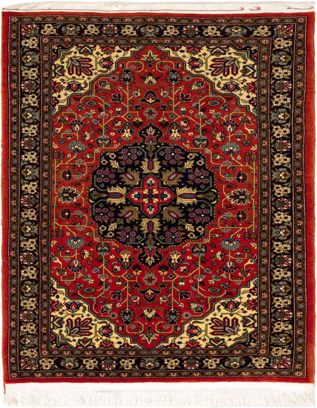 A 2x3 rectangular Ghom Persian rug featuring a vibrant red field with intricate floral motifs and a dark central medallion, ideal for an entryway.