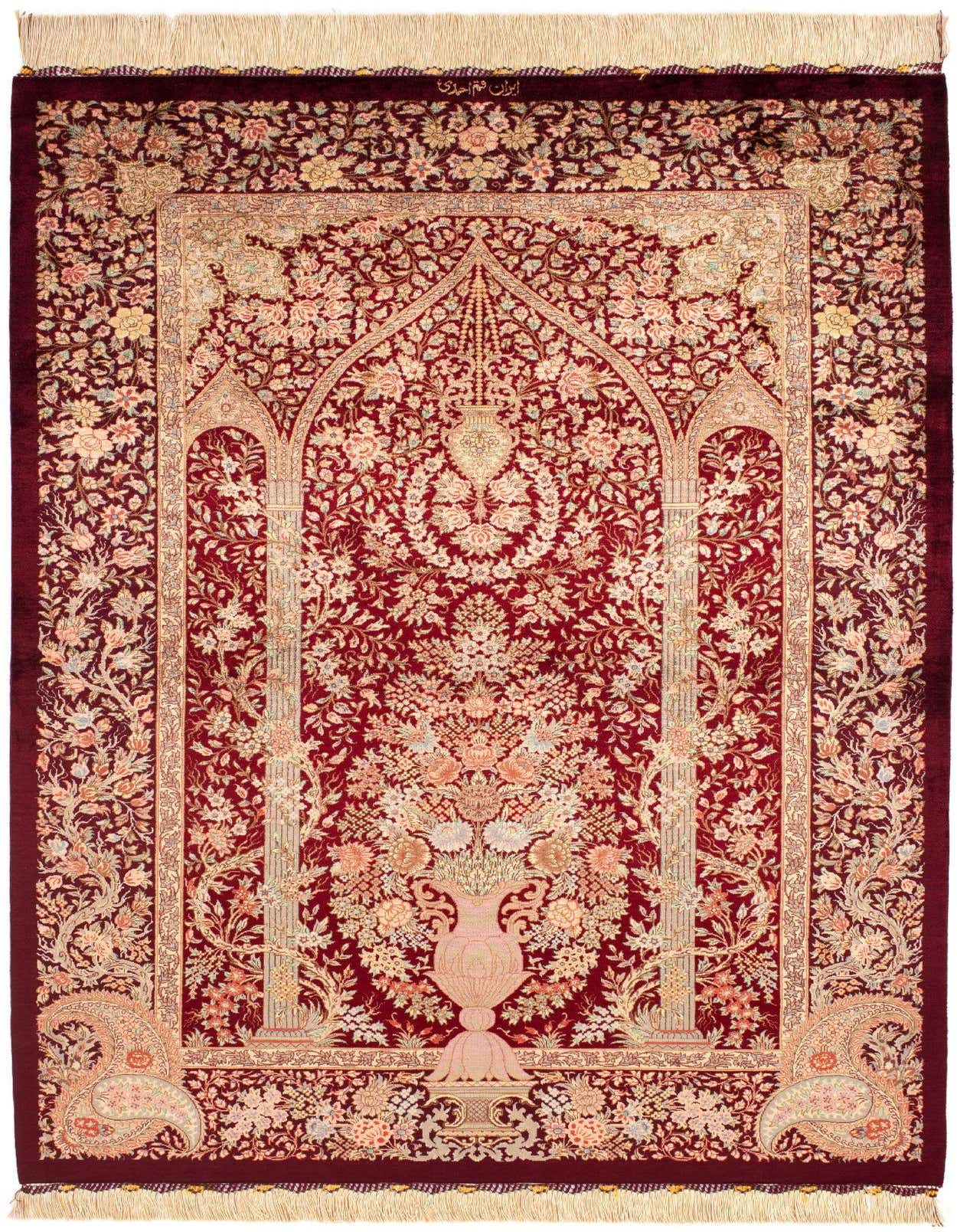 A 3x5 rectangular Ghom Silk Persian rug in rich red, featuring an intricate floral vase design and ornate border.