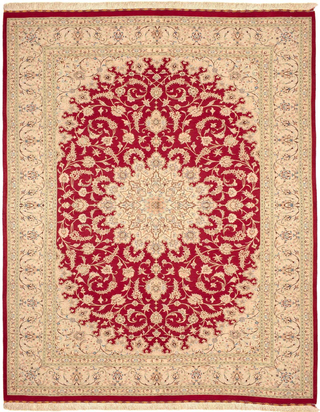 A 5x8 rectangular Ghom Silk Persian rug in deep red with an intricate cream and gold floral medallion pattern.