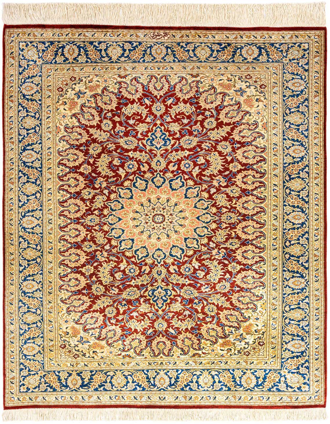 A luxurious 3x4 rectangular Persian silk rug with a rich red field, intricate floral patterns, and a detailed blue and gold border, featuring a central medallion.