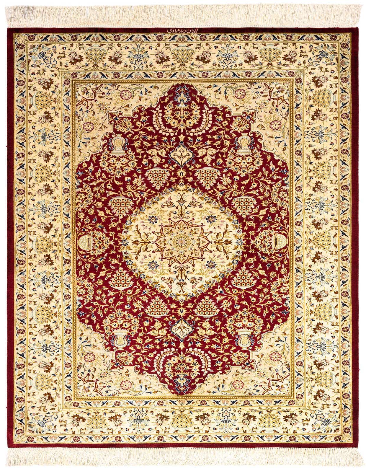 A luxurious 3x5 rectangular Persian rug with a rich red background and intricate cream, gold, and blue floral patterns, featuring a central medallion design and cream fringe.