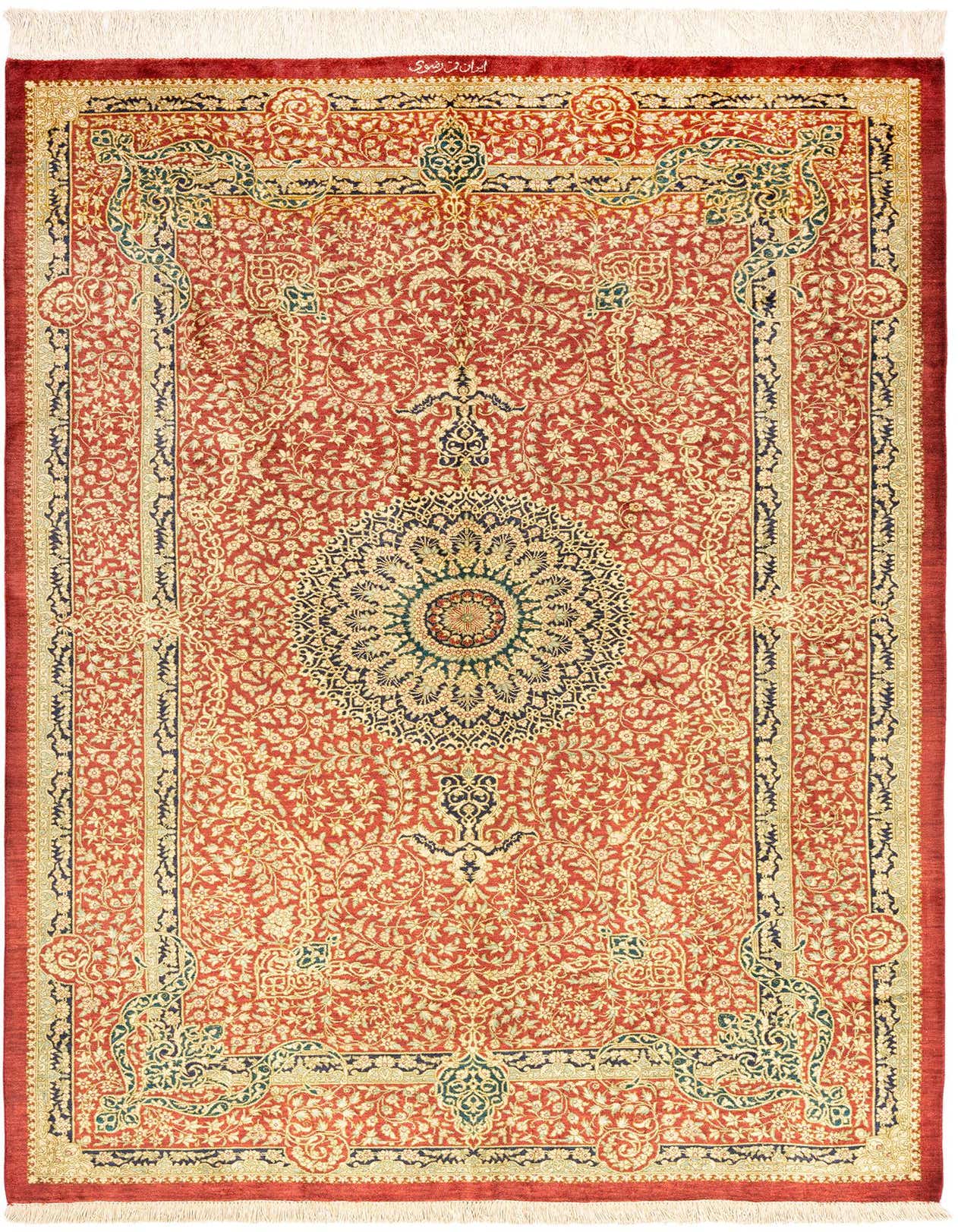 A 4x6 rectangular Ghom Silk Persian rug in rich reds with intricate floral patterns and a central medallion.