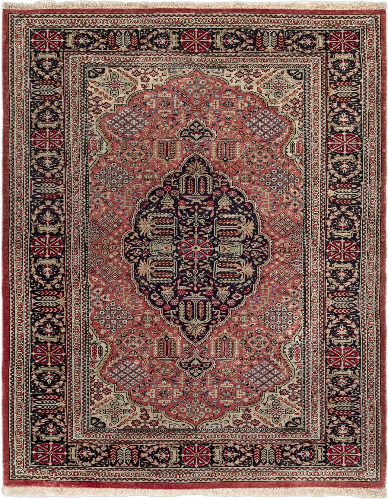 A 3x4 rectangular Ghom Silk Persian rug in rich reds, featuring an intricate central medallion and floral patterns, ideal for indoor spaces.