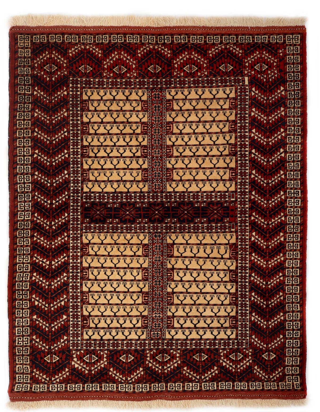 A 4x6 rectangular Hacilou Persian rug in rich reds and black with intricate geometric patterns and a central medallion.