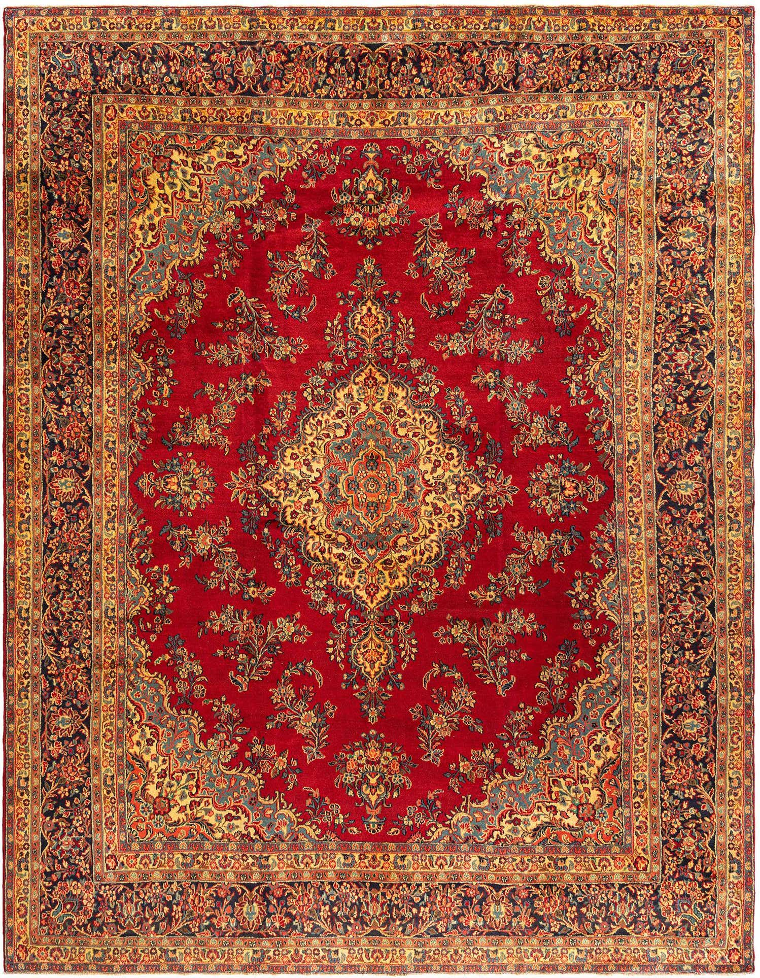 A 10x14 rectangular Hamedan Persian rug in deep red with an intricate tribal medallion and floral border.