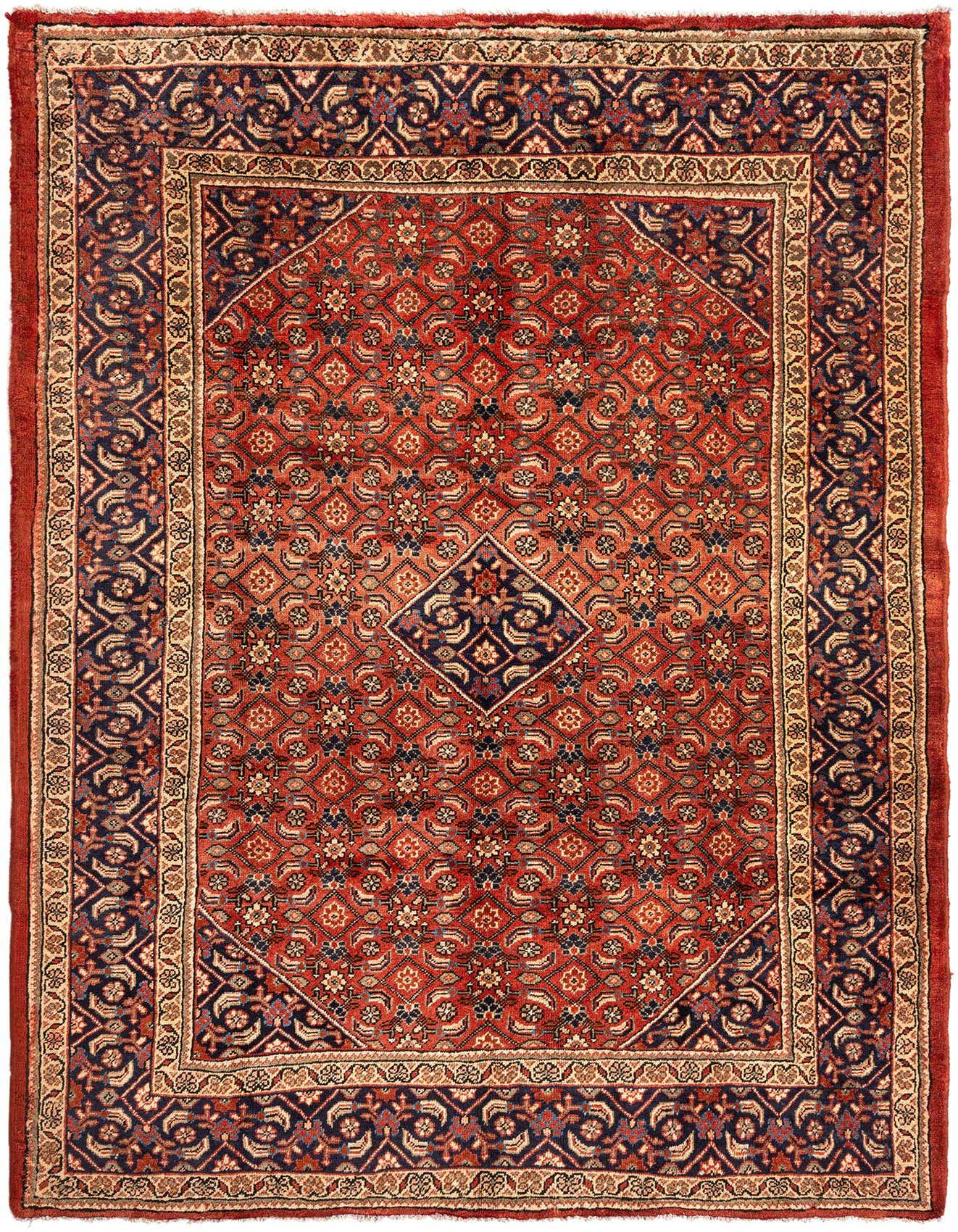A 7x10 rectangular Hamedan rug with a traditional Persian tribal pattern in rich reds and deep blues.