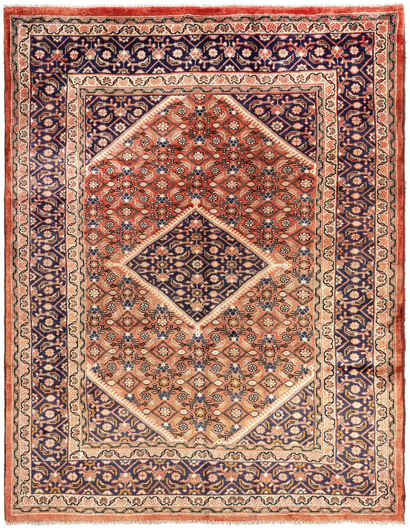 A 7x10 rectangular Hamedan wool rug featuring a traditional Persian tribal pattern in reds and navy blue.