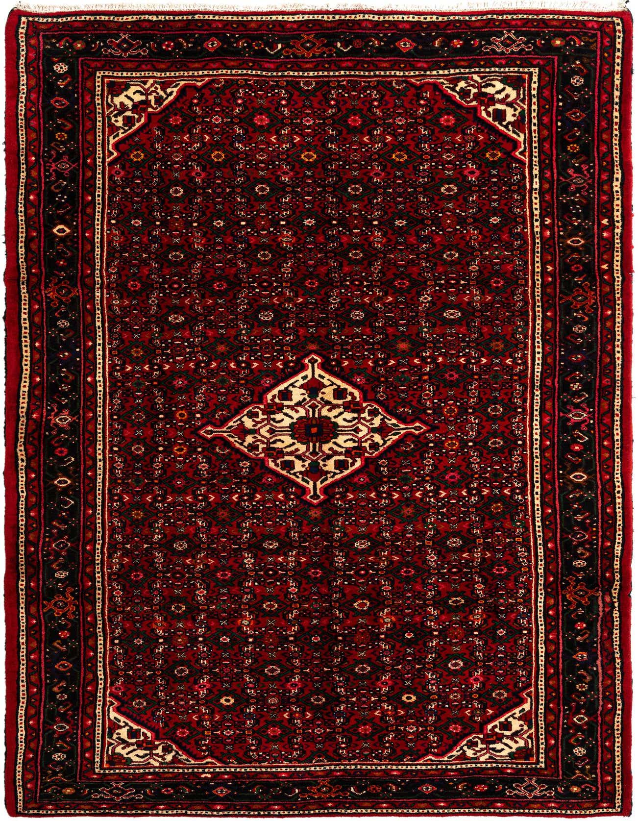 A 7x10 rectangular Hamedan wool rug featuring a rich red field with intricate Persian tribal patterns and a central medallion.