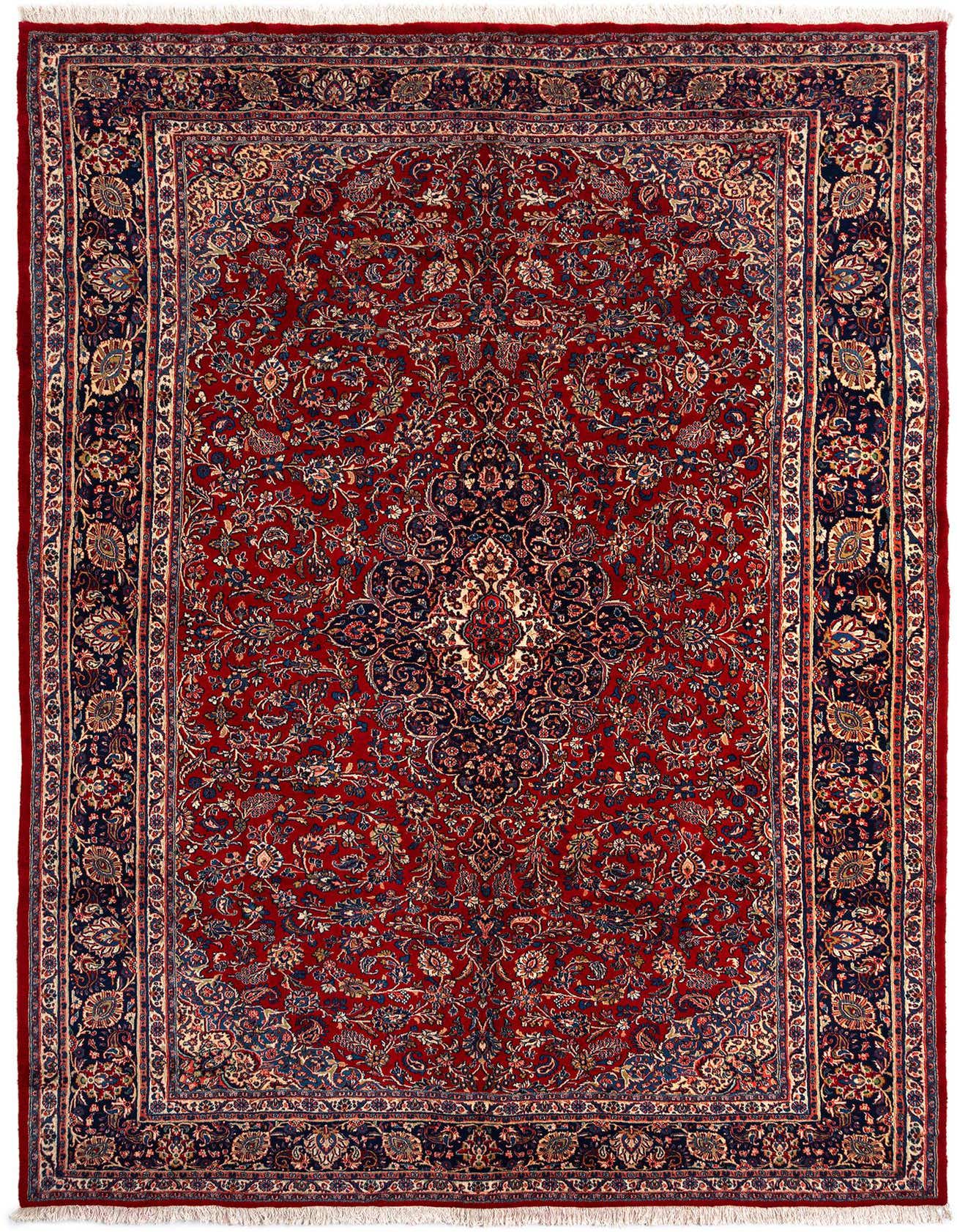A large 10x16 rectangular Hamedan Persian rug with a rich red field and intricate tribal floral patterns in blue and gold, featuring a central medallion and ornate borders.