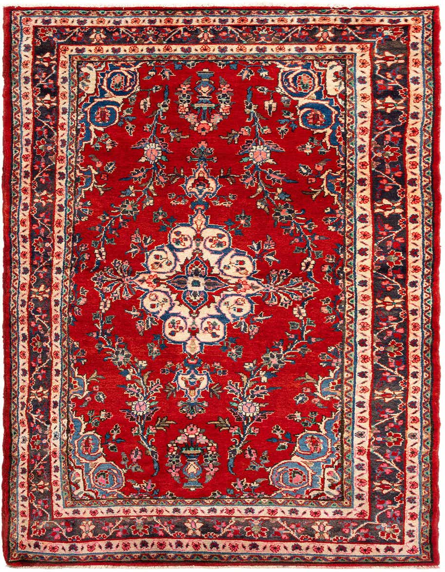 A 5x8 rectangular Hamedan rug featuring a rich red field with intricate Persian tribal patterns in blue, cream, and pink.