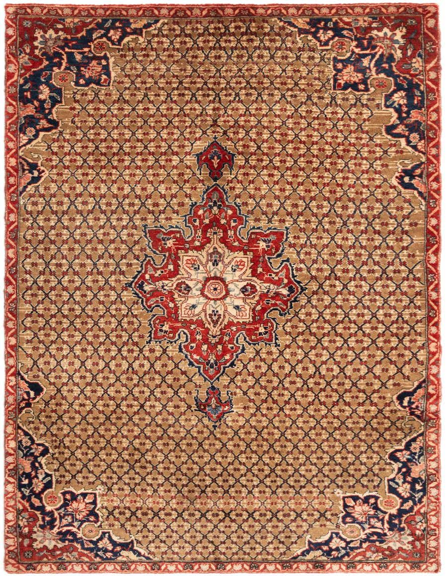 A 3x5 rectangular Hamedan wool rug featuring a traditional tribal pattern in reds, blues, and tan.