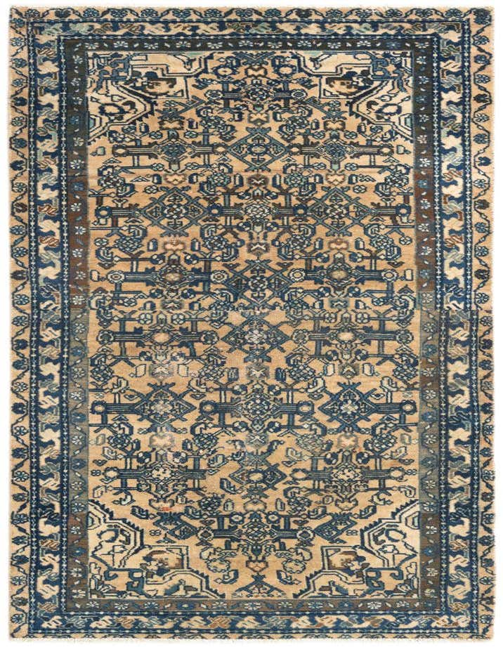 A 3x5 rectangular Hamedan rug featuring a tribal and traditional pattern in shades of blue and beige.
