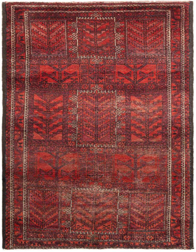 A 3x5 rectangular Hamedan wool rug in varying shades of red with intricate tribal and traditional patterns, suitable for an entryway.