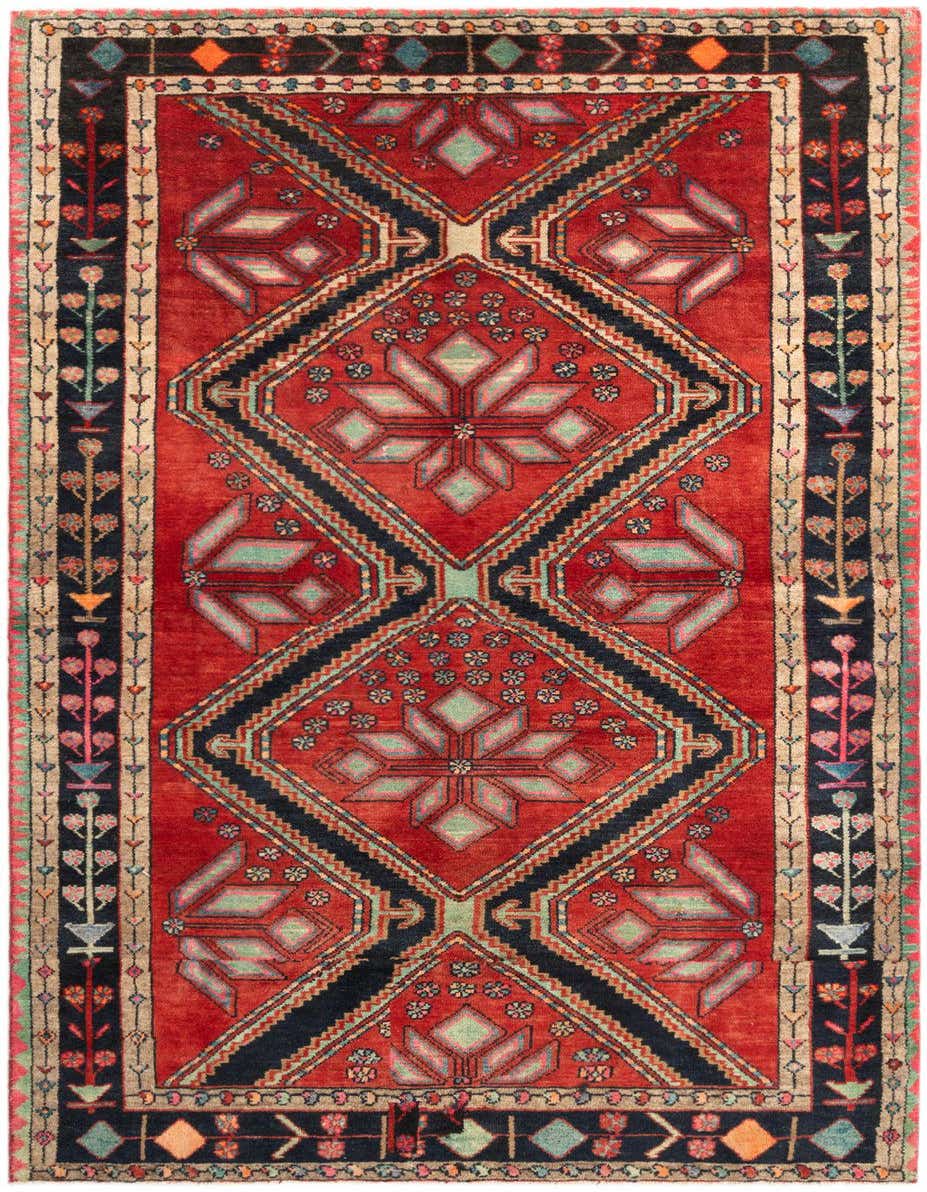 A 3x5 rectangular Hamedan rug featuring a vibrant red field with a black and light blue tribal geometric pattern and a detailed floral border.