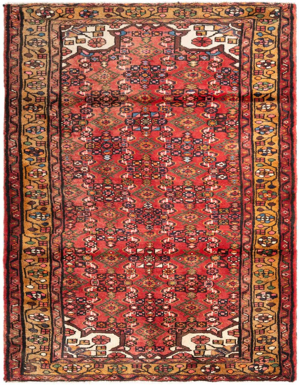 A 3x5 rectangular Hamedan rug featuring a vibrant red field with intricate tribal patterns and a golden-yellow floral border.