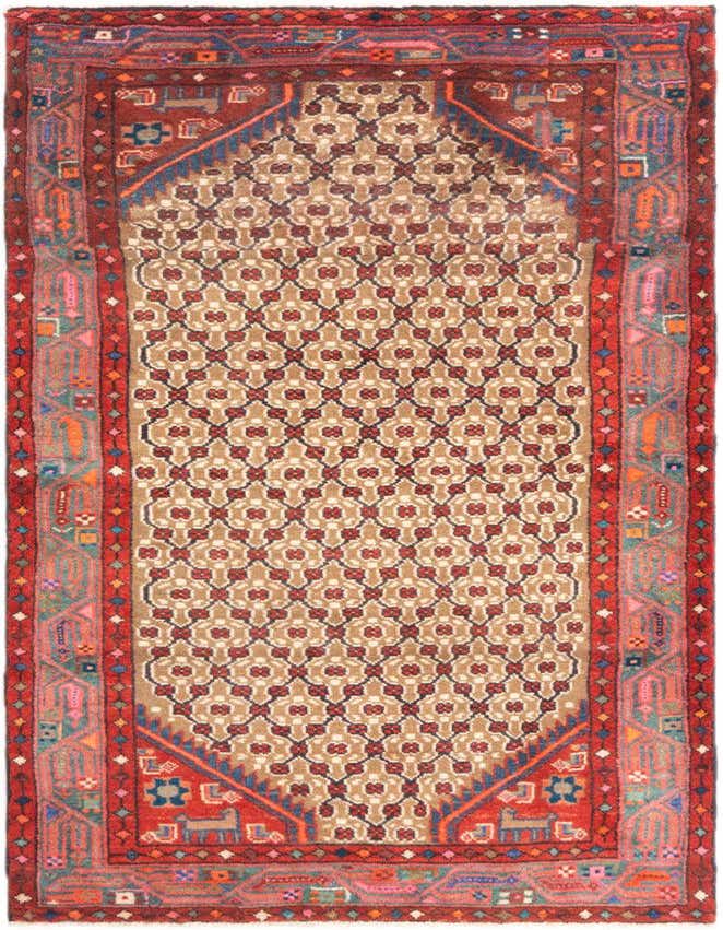 A 3x5 rectangular Hamedan wool rug featuring a red tribal border and a beige field with repeating geometric patterns.