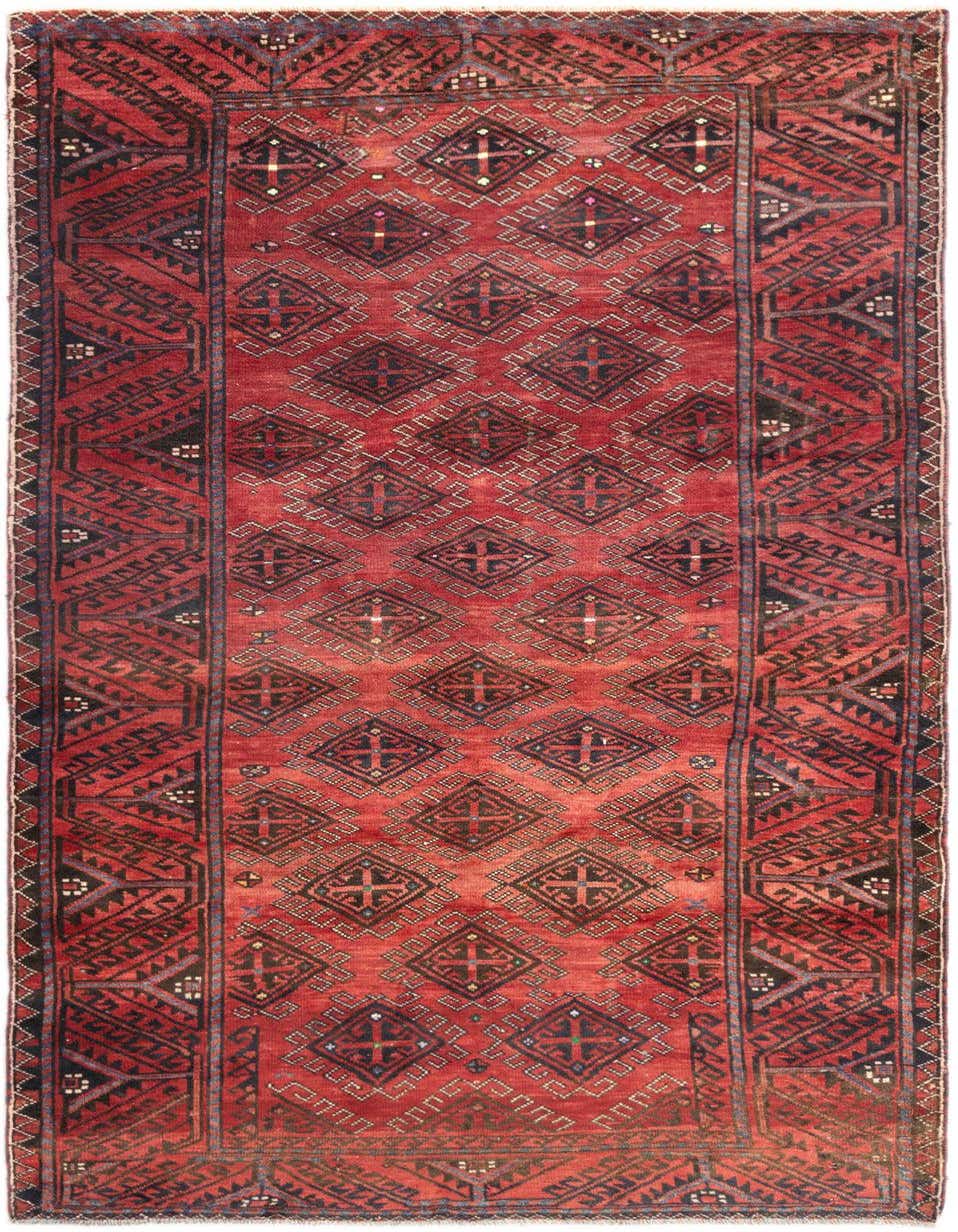 A 3x5 rectangular Hamedan wool rug in reds with a repeating tribal diamond pattern and intricate borders.