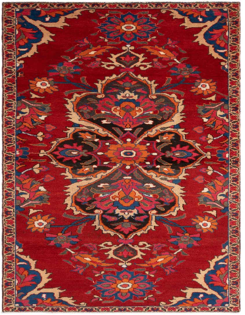 A 3x5 rectangular Hamedan wool rug with a vibrant red background and a central tribal medallion in black, blue, and orange.