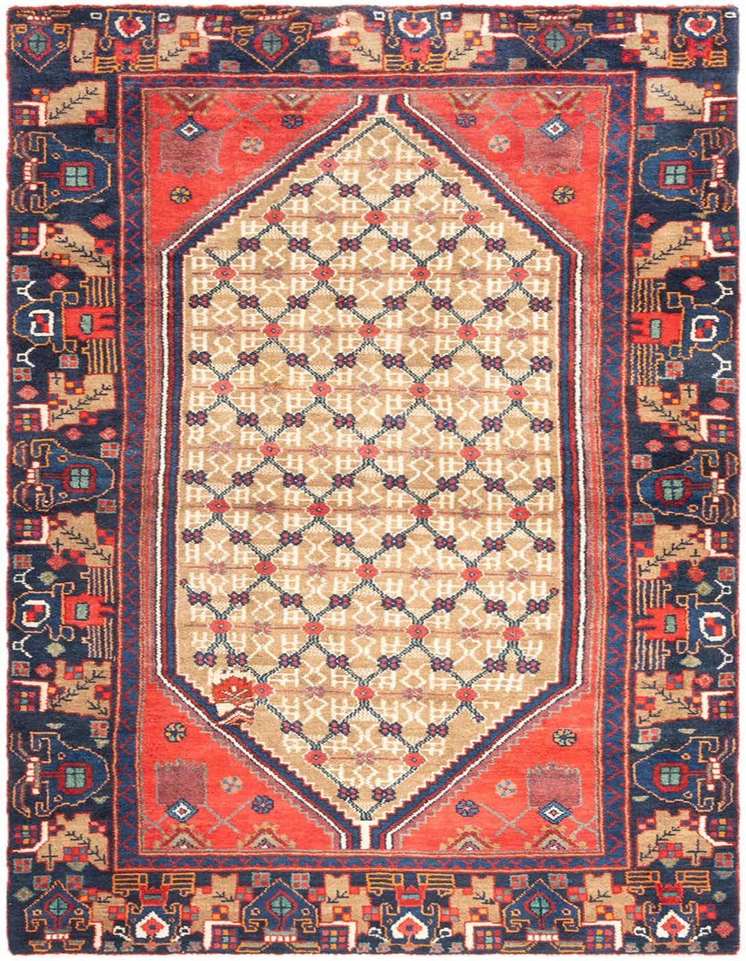 A 3x5 rectangular Hamedan wool rug featuring a central beige diamond pattern with red and blue accents, bordered by a vibrant red field and a dark blue tribal border.