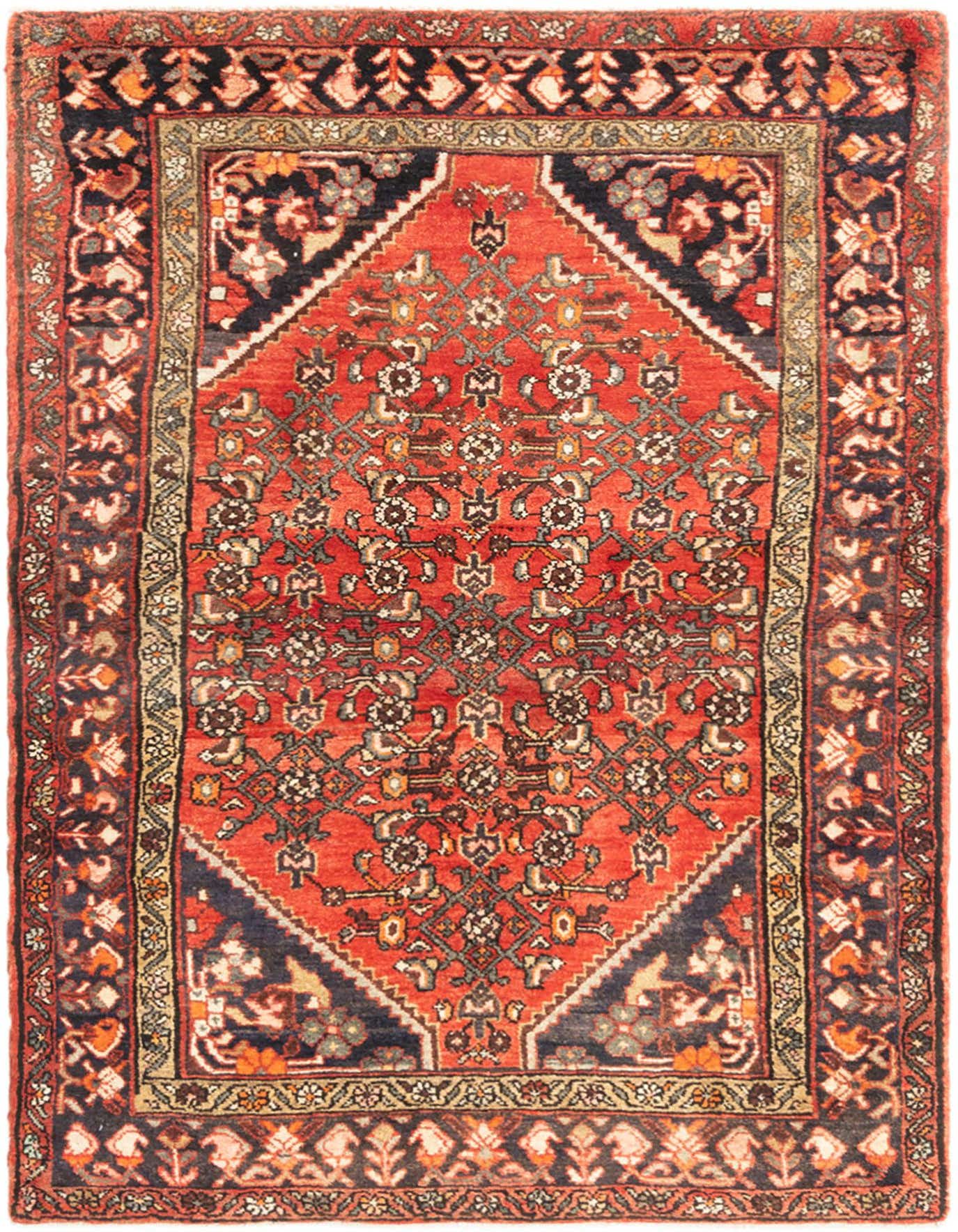 A 3x5 rectangular Hamedan wool rug featuring a traditional tribal pattern in various shades of red with dark borders.