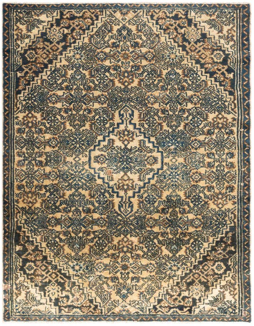 A 4x6 rectangular Hamedan wool rug featuring a traditional tribal pattern in deep reds and beige, suitable for various indoor rooms.