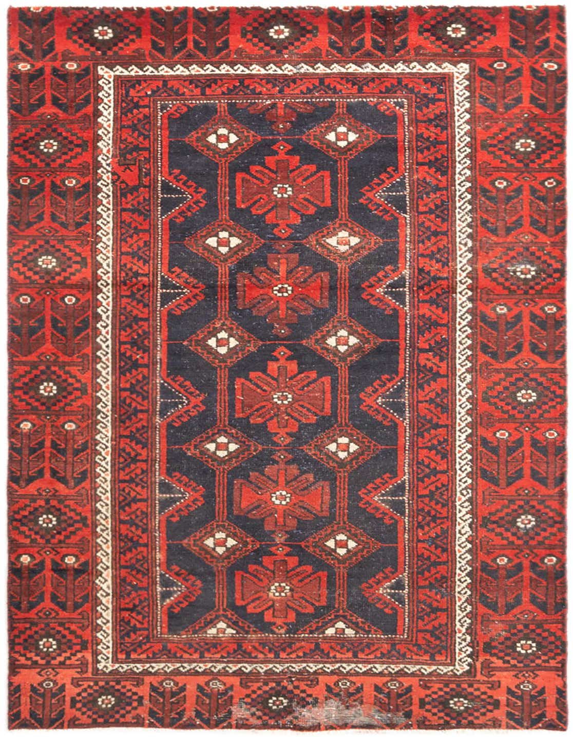 A 3x5 rectangular Hamedan wool rug featuring a traditional tribal pattern in deep reds, navy, and cream.