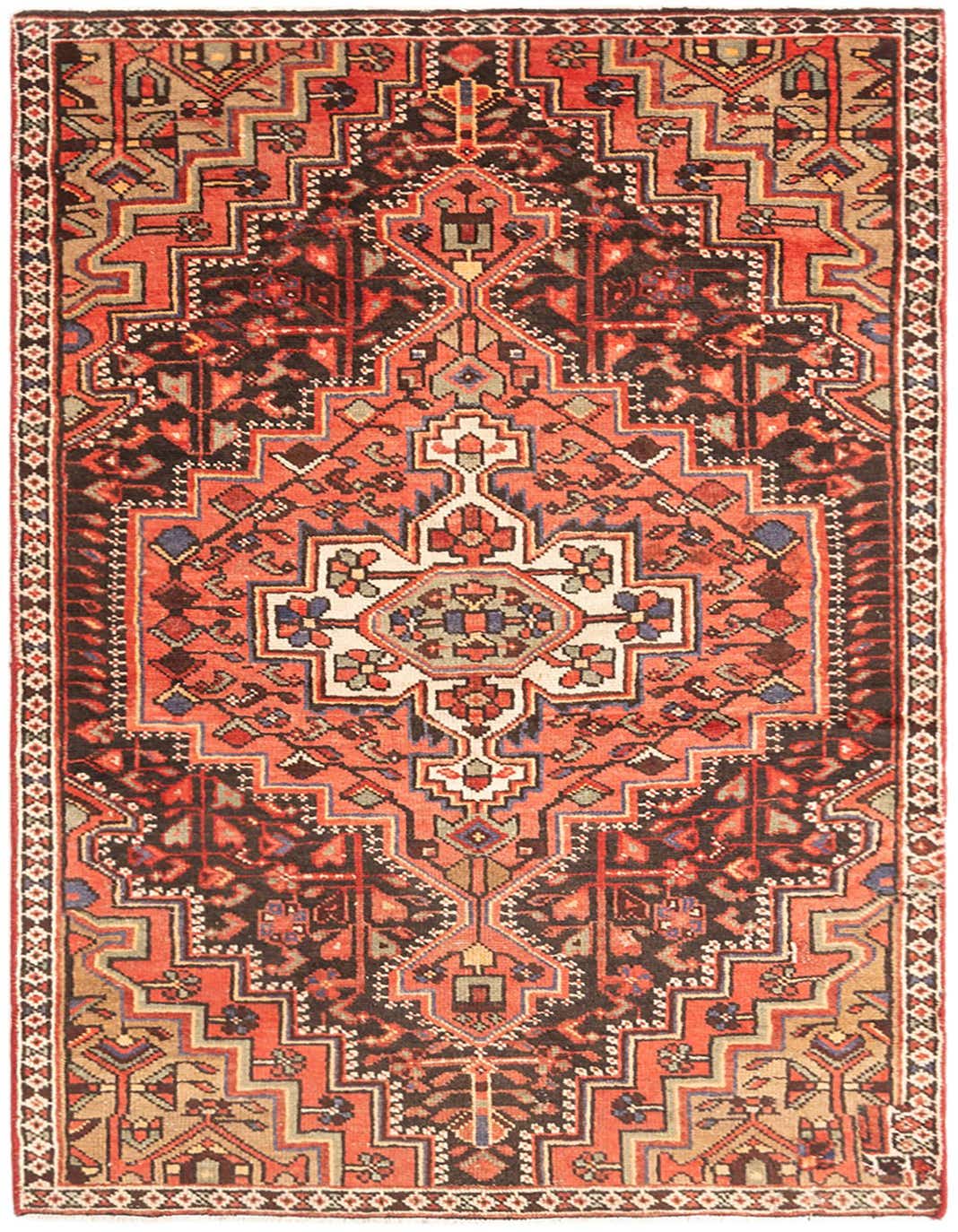 A 3x5 rectangular Hamedan wool rug featuring a traditional tribal pattern in various shades of red, black, and beige.