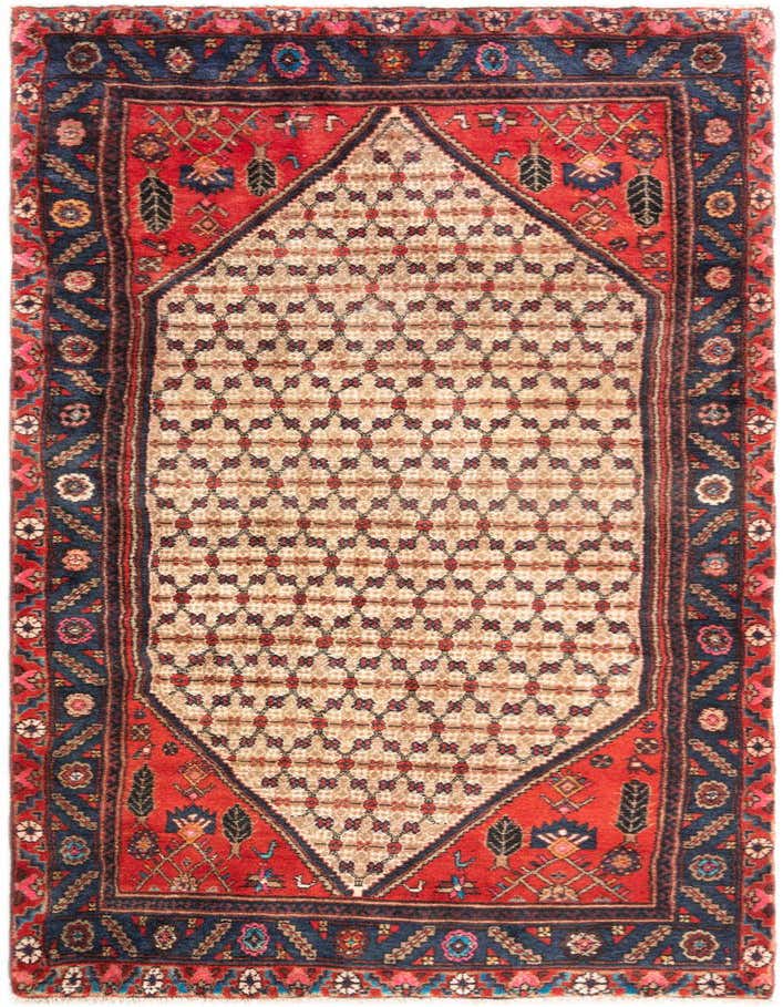 A 3x5 rectangular Hamedan wool rug featuring a red tribal border and a cream central medallion with geometric patterns.