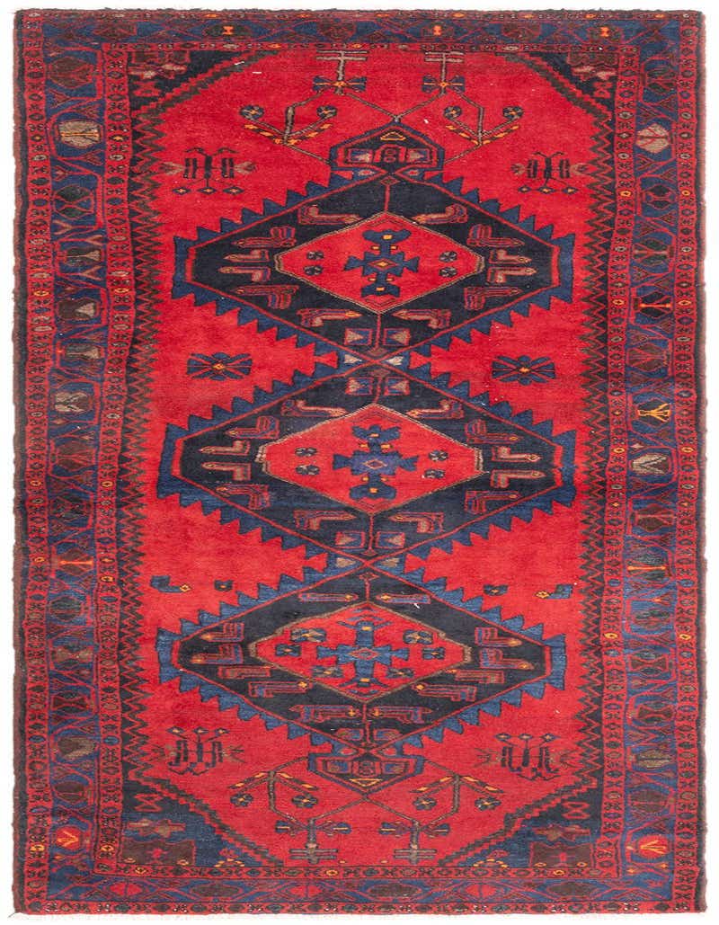 A 3x5 rectangular Hamedan wool rug in vibrant red with a central tribal pattern in navy blue and lighter blue accents.