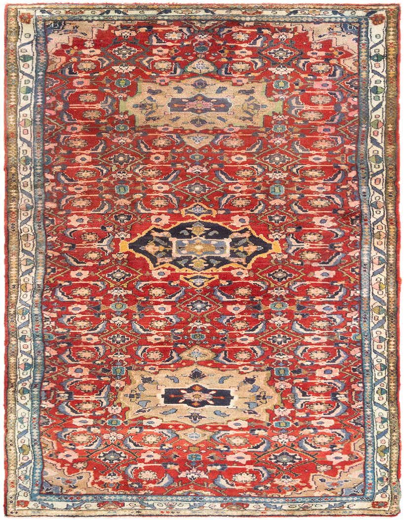 A 3x5 rectangular Hamedan wool rug in reds with a traditional tribal pattern and central medallions.