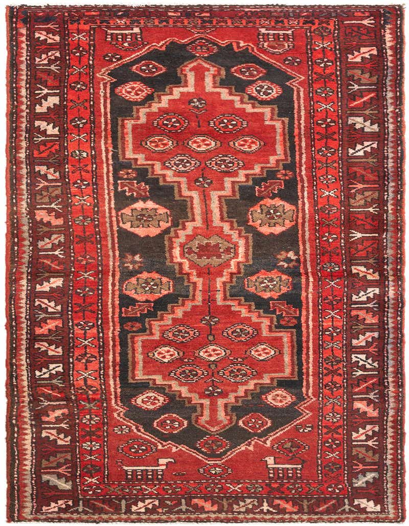 A 3x5 rectangular Hamedan tribal wool rug featuring a central medallion and geometric patterns in various shades of red and dark brown.