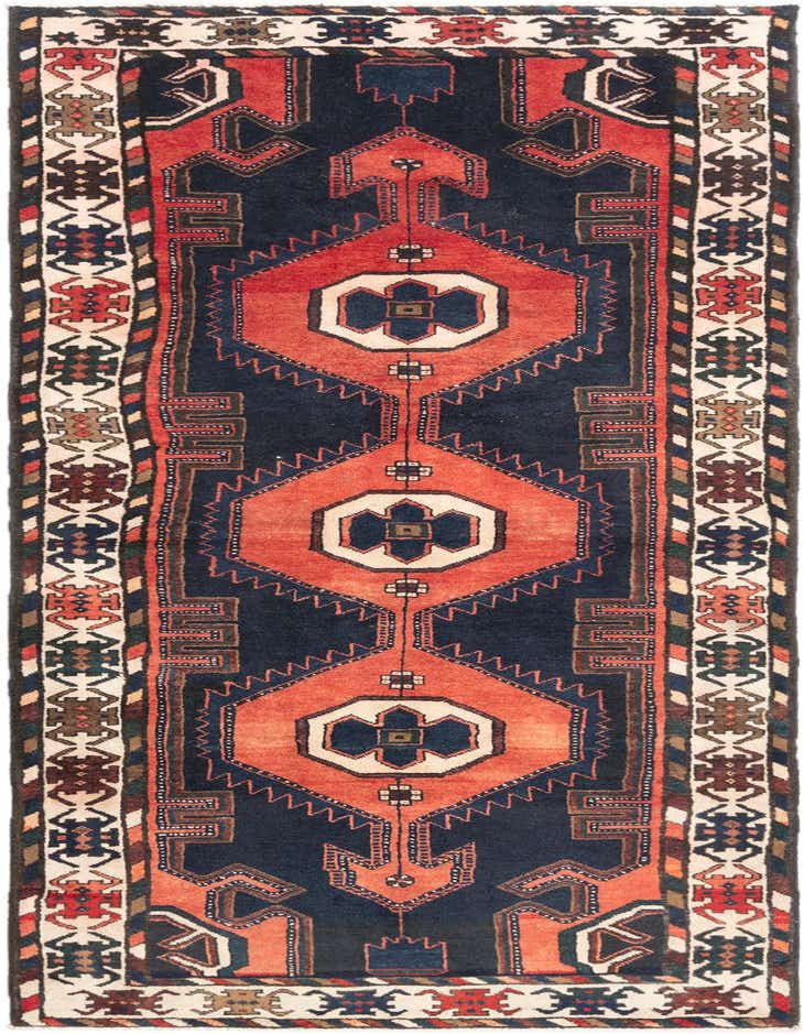 A 3x5 rectangular Hamedan wool rug featuring a traditional tribal pattern in deep red and navy blue.