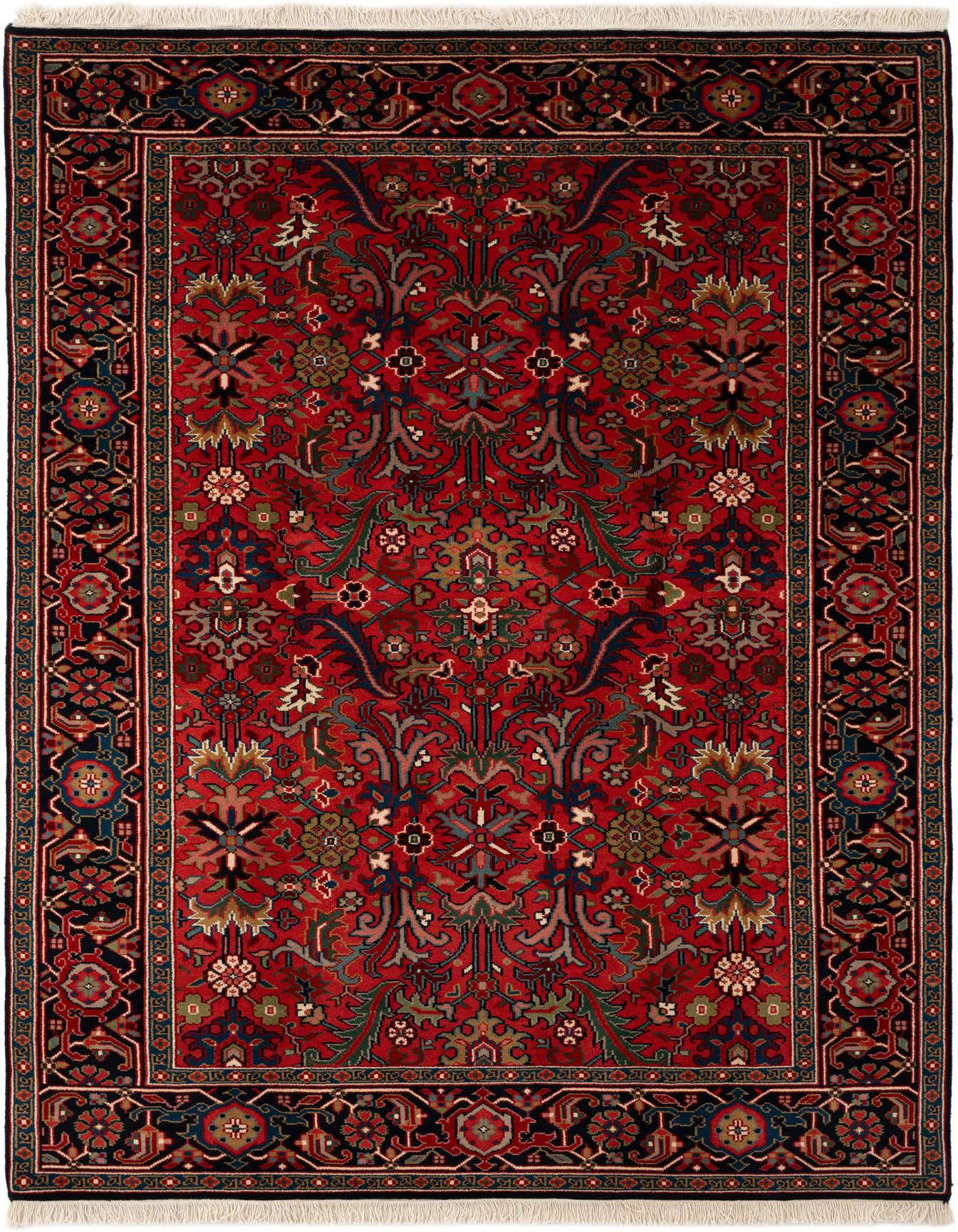 A 6x9 rectangular Hamedan wool rug featuring a traditional tribal floral pattern in rich reds and deep blues.