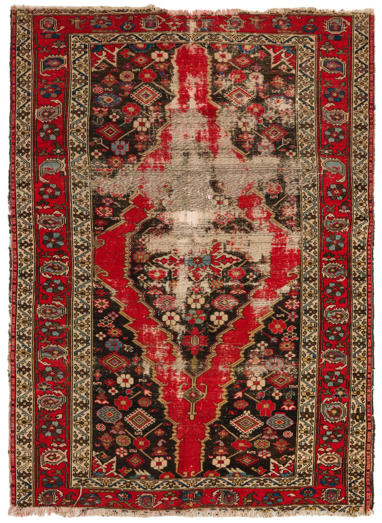 A 4x6 rectangular Hamedan rug featuring a distressed Persian tribal pattern in reds, black, and cream.