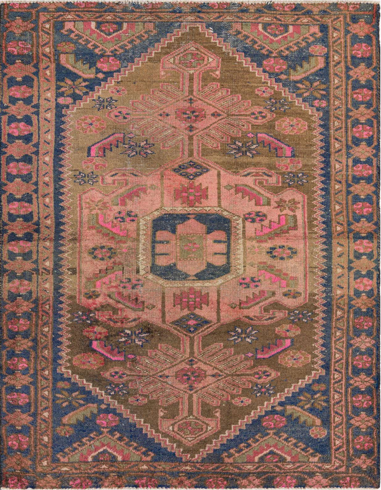 A 4x6 rectangular Hamedan Persian wool rug with a traditional medallion pattern in shades of red, pink, blue, and brown.