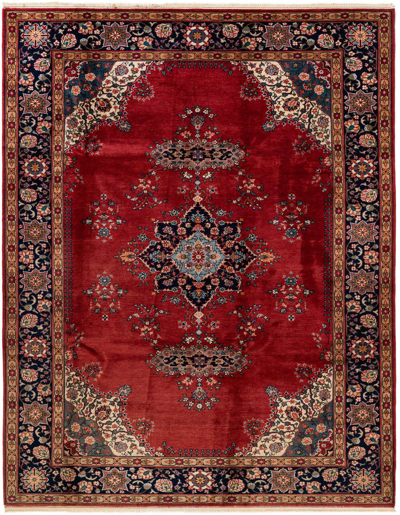A 7x10 rectangular Hamedan rug featuring a traditional Persian medallion pattern in rich reds, navy, and cream.