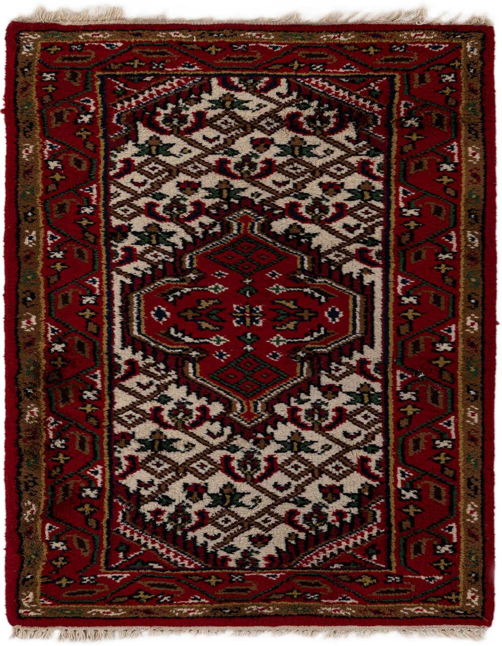 A 3x5 rectangular Hamedan wool rug featuring a red tribal medallion pattern with cream and green accents.