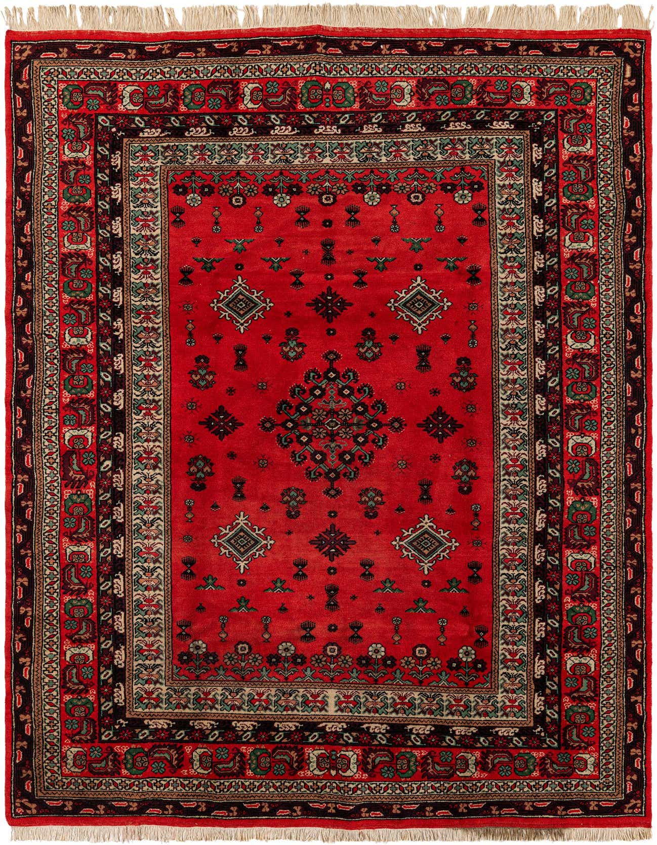 A 6x9 rectangular Hamedan rug featuring a vibrant red field with intricate tribal and floral motifs in black, green, and beige, framed by a multi-bordered design.