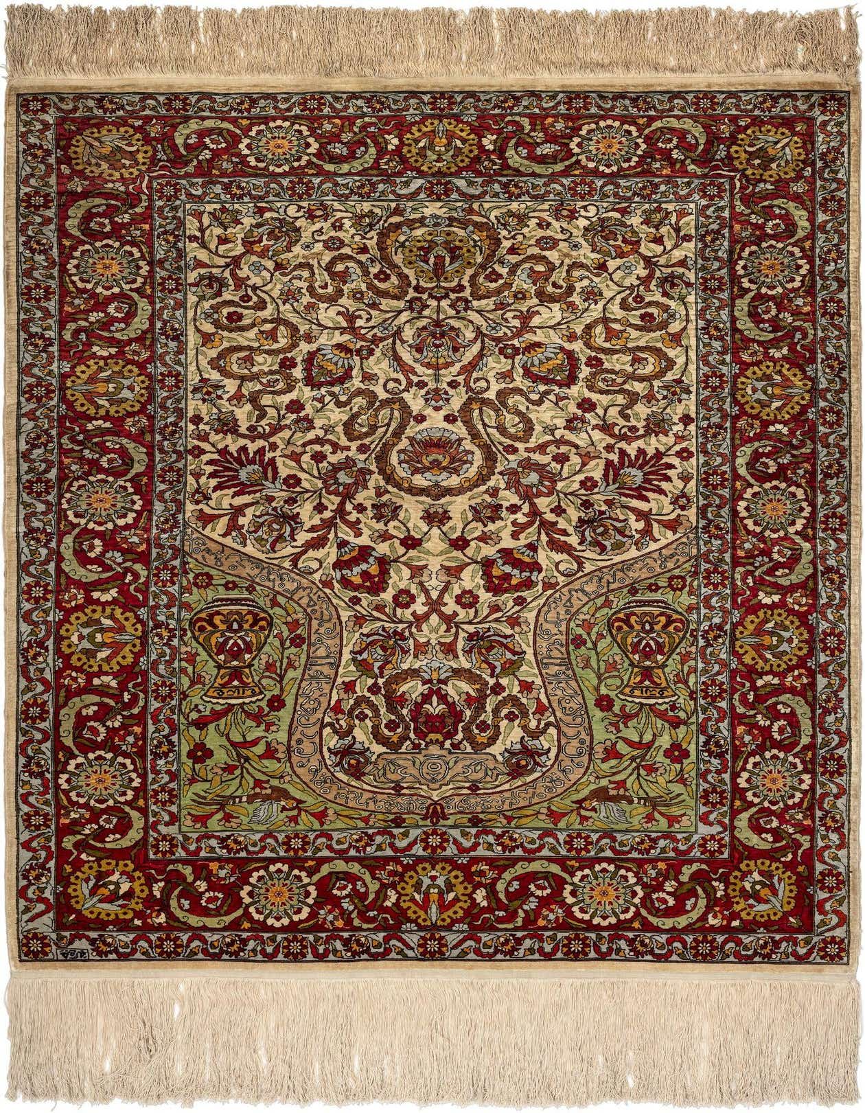A 3x4 rectangular Rugs.com Hereke Silk rug featuring a rich red border and a cream-colored traditional floral pattern.