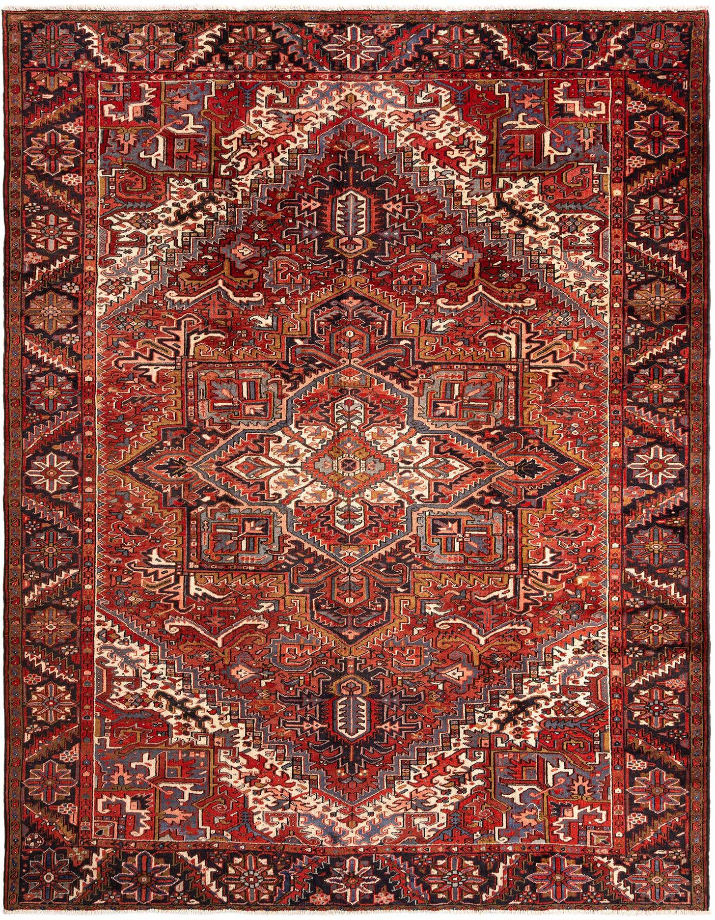 A 9x12 rectangular Heriz Persian rug featuring a central medallion and intricate geometric patterns in shades of red, navy, and cream.
