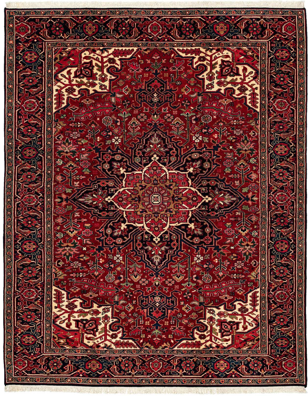 A rectangular 8x11 Heriz rug in traditional Oriental style with a central medallion, featuring rich reds, navy, and cream.