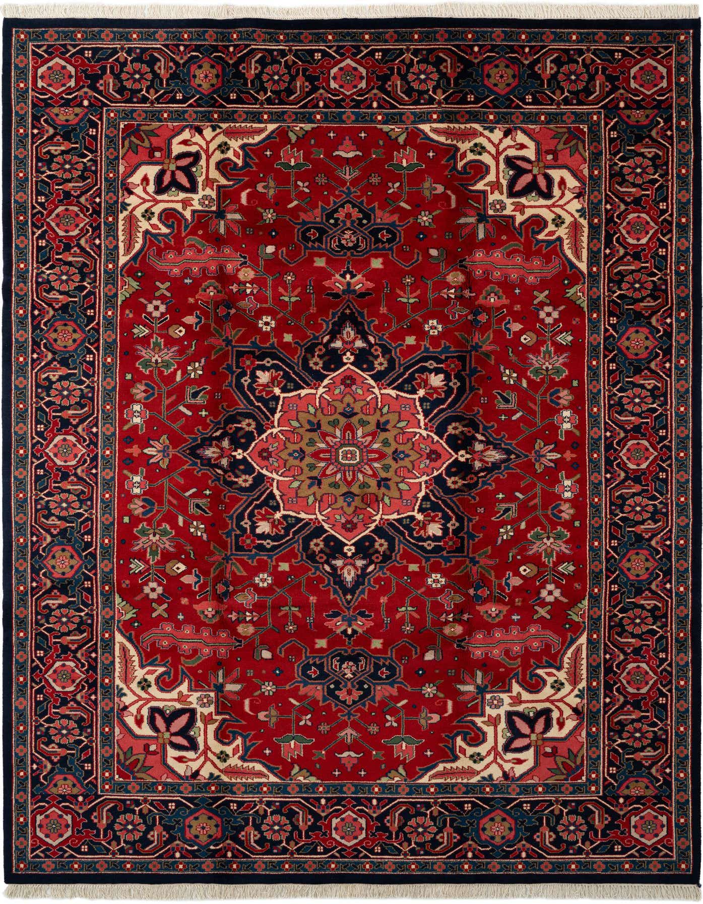 A rectangular 8x12 Heriz wool rug in rich red with a central medallion and intricate traditional Oriental patterns, featuring navy blue borders.