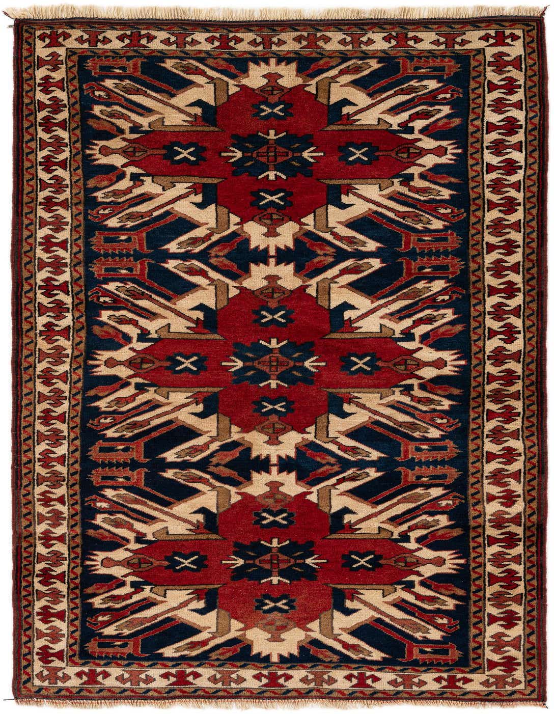 A 4x6 rectangular Heriz rug featuring a bold red medallion and intricate geometric patterns on a deep navy background, with a cream and red border.