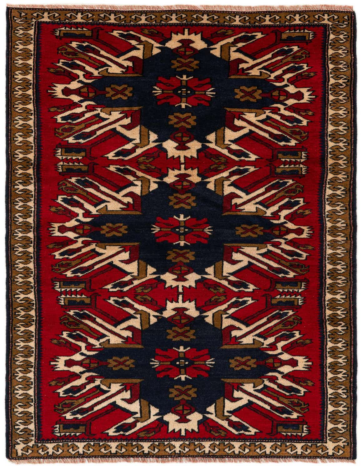 A 4x6 rectangular Heriz rug featuring a traditional Oriental medallion pattern in deep red, navy, and beige, with a medium pile.