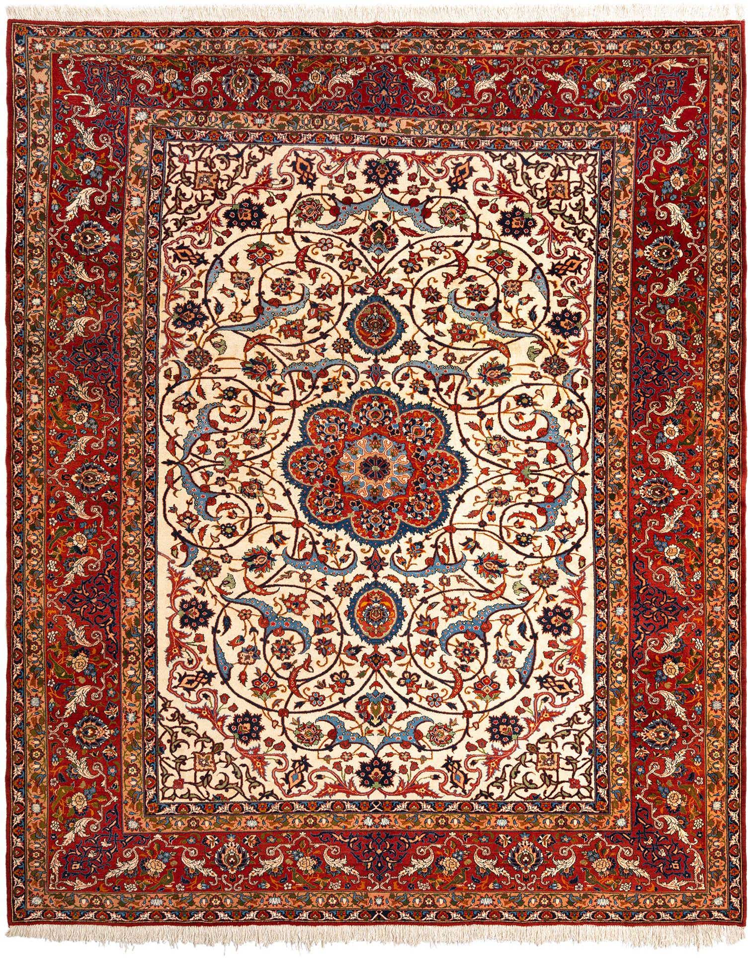 A 10x13 rectangular Persian rug with a red border and an intricate floral design on a cream field.