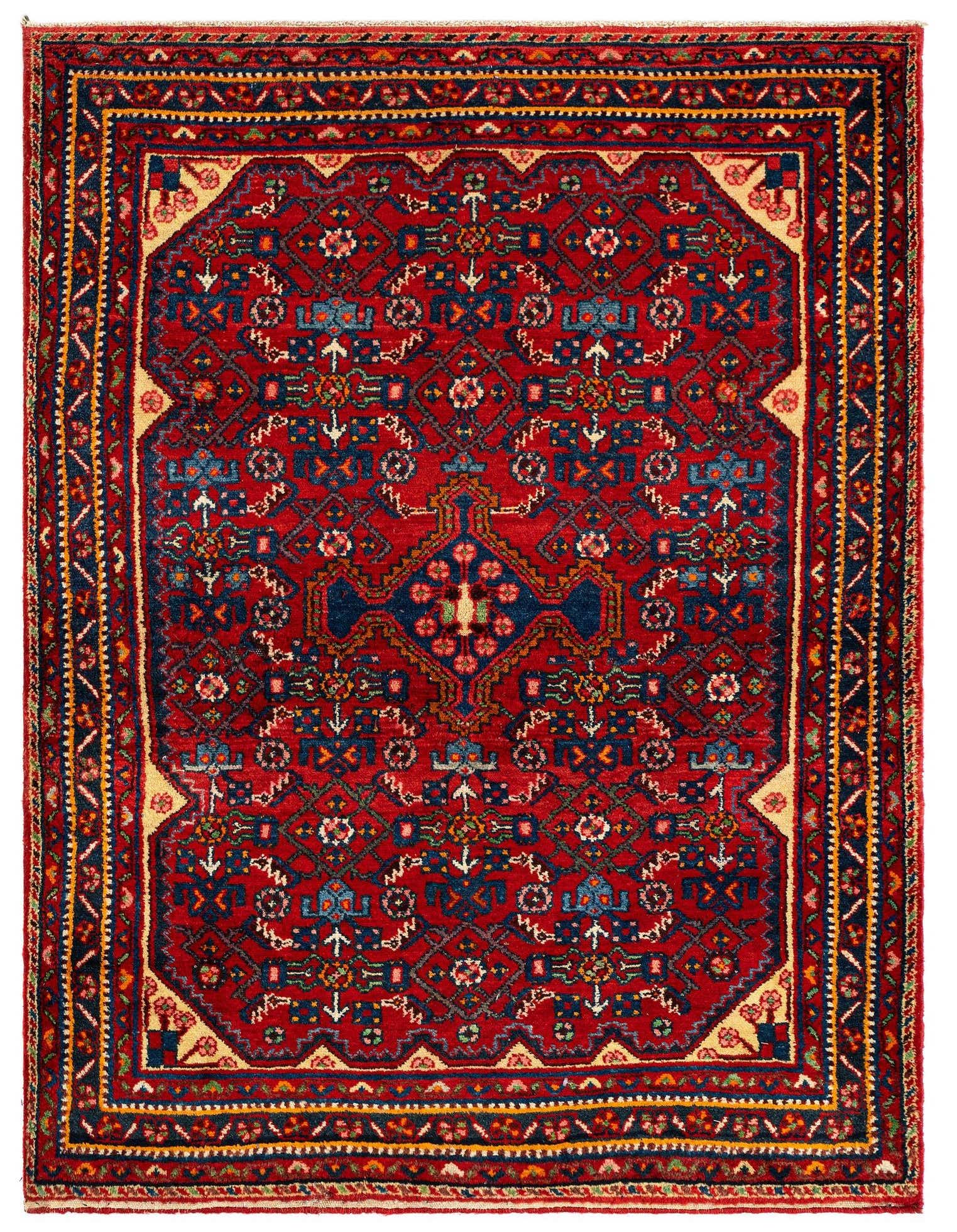 A 3x5 rectangular red Persian tribal rug with intricate blue, yellow, and cream patterns, suitable for an entryway.