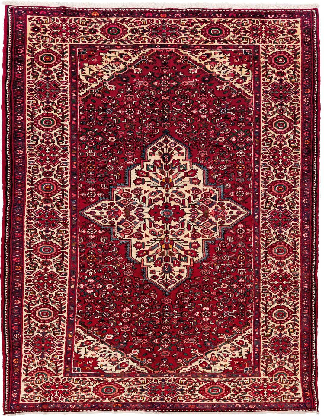 A 6x9 rectangular Hossainabad tribal rug in deep red with an intricate cream medallion and border.