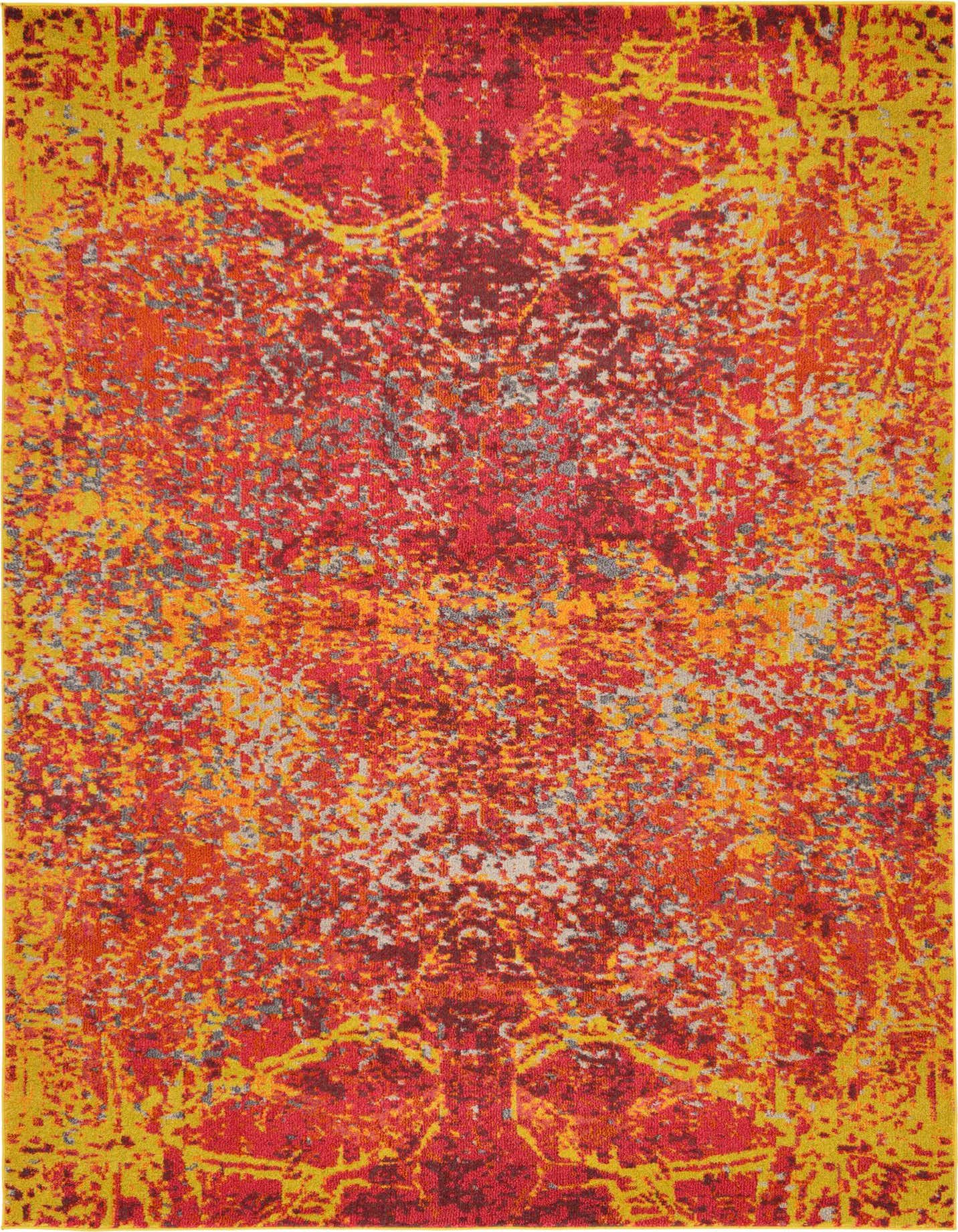 A 7x10 rectangular modern abstract rug in vibrant reds, oranges, yellows, and hints of gray, suitable for a living room.